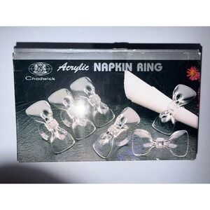 Vintage Chadwick  Holiday Acrylic Napkin Rings Bow Set Of 6 Clear With‎ Box 3" Q